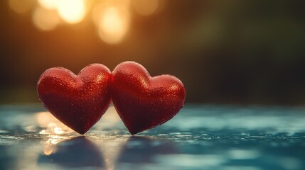 Fototapeta premium Two red hearts touching, sunset bokeh.