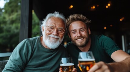 An elderly man and a younger man smile broadly while holding beer glasses, sitting indoors in a cozy environment, showcasing a bond across generations.