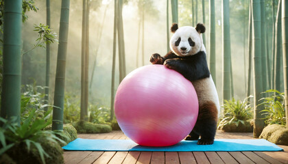 Panda doing pilates in a bamboo forest