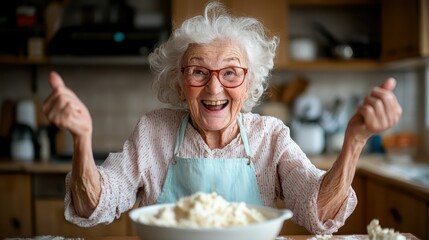 An elderly woman in a kitchen with a jubilant expression, wearing glasses and an apron, shows excitement while preparing a dish, symbolizing joy in cooking.
