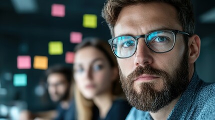 A young man with glasses is focused, working in an office space; vibrant sticky notes and blurred colleagues show a collaborative environment.