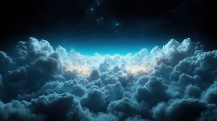 A breathtaking view of fluffy clouds with a radiant sunset glow peeking through, evoking feelings of tranquility, serenity, and the vastness of nature and sky.