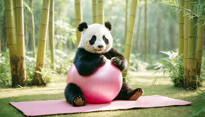 Panda doing pilates in a bamboo forest