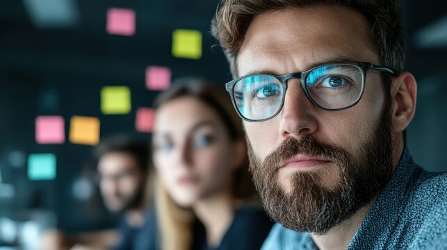 A young man with glasses is focused, working in an office space; vibrant sticky notes and blurred colleagues show a collaborative environment.