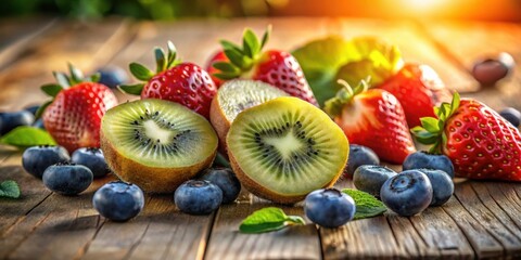 A vibrant mix of ripe kiwi, succulent strawberries, and plump blueberries, arranged on a rustic wooden surface, bathed in the warm glow of the afternoon sun.