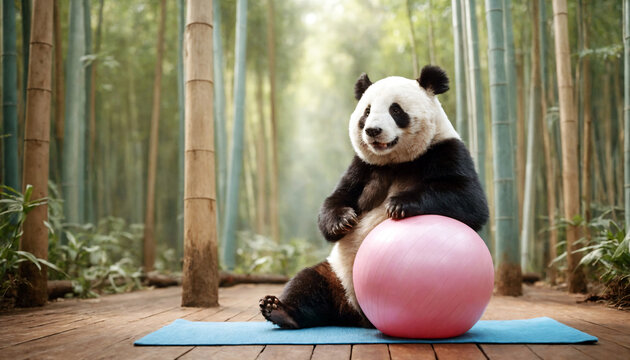Panda doing pilates in a bamboo forest