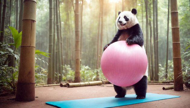 Panda doing pilates in a bamboo forest