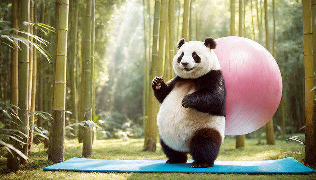 Panda doing pilates in a bamboo forest