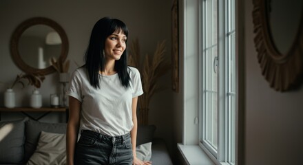 woman standing at window