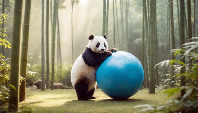 Panda doing pilates in a bamboo forest