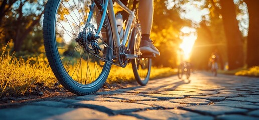 A cyclist rides along a sunlit cobblestone path in a serene park setting.