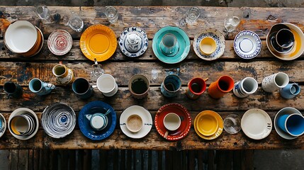 Overhead view of colorful ceramic tableware arranged on rustic wooden table.