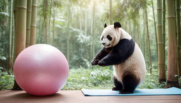 Panda doing pilates in a bamboo forest