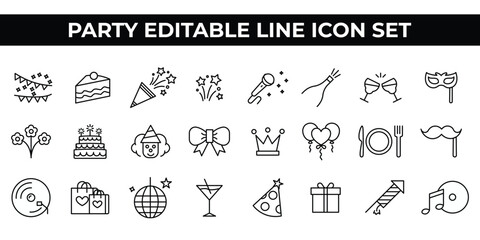 Party Icon Set with editable line icons of balloons, cakes, decorations, and party accessories. Perfect for event branding, party planners, posters, invitations, and promotional designs.