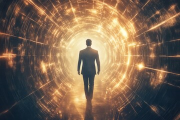 A blockbuster movie poster of a quantum physicist in a maze of light beams, fractal patterns, minimalist design