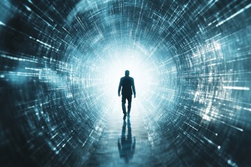 A blockbuster movie poster of a quantum physicist in a maze of light beams, fractal patterns, minimalist design