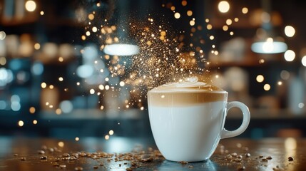 Fototapeta premium A coffee cup releases a burst of magical looking sparkles above it, emanating warmth and joy. The warm bokeh lights in the background enhance the scene.