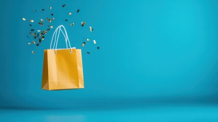 A single yellow shopping bag with a burst of gold confetti expresses excitement and joy, set against a clean blue background, symbolizing celebration of shopping.