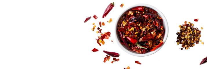 cluster of vibrant red chili peppers, paired with a small bowl of chili flakes for a spicy presentation