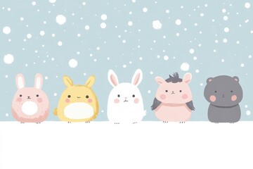 Obraz premium Five cute cartoon animals sitting in snow.