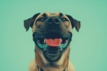 Obraz premium Blond labrador retriever dog captured from the front gazing at the camera with its mouth open, on a blue turquoise background