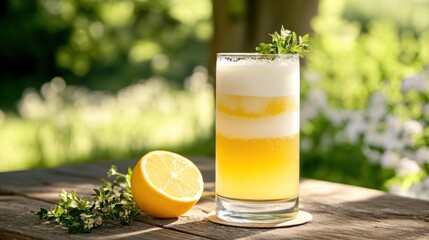 A tall, refreshing shandy with beer and lemonade layers, served at a summer picnic table 