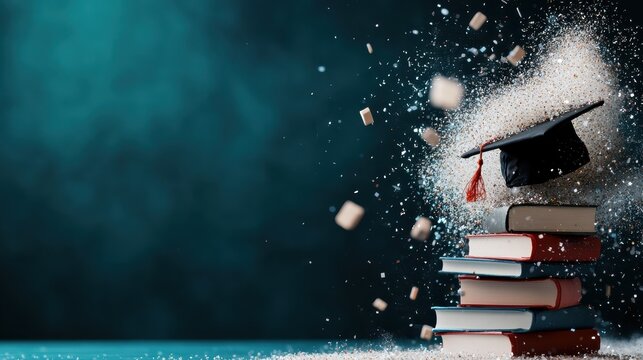 A stack of books with a graduation cap explodes, symbolizing knowledge and celebration in a lively, dynamic scene with vibrant colors highlighting academic success.