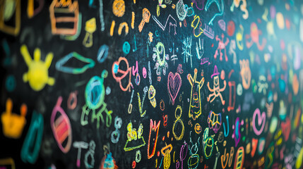 A captivating close-up of a chalkboard adorned with an array of colorful drawings, showcasing the artistic brilliance of students during an exuberant back-to-school event. Brilliance. Illustration