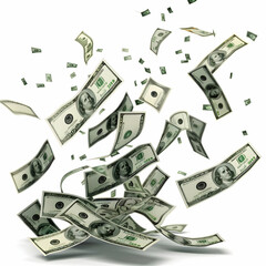 Money Bills Flying in the Air with a Clean White Background