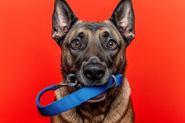 Sitting dog with a joyful demeanor, biting on the leash, eager to go for a walk