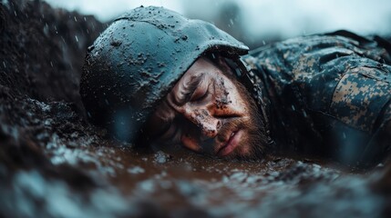 A weary soldier lies sideways in a muddy trench with a helmet, representing the exhausting reality and burden of battlefield experiences.
