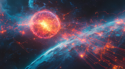 A stunning depiction of a digital world, showcasing a network of connections across a glowing planet in a cosmic background. Brilliance. Illustration
