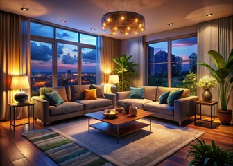 Fototapeta premium Peaceful living room, serene ambiance, cozy decor, and ambient lighting create a relaxing atmosphere.