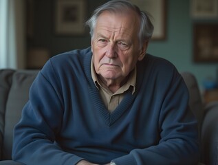 Elderly man reflecting quietly indoors wearing a blue sweater seated on the floor