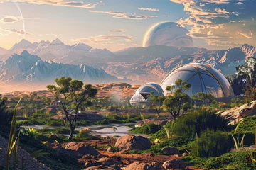 Poster  Futuristic Mars colony with biodomes and alien landscape under twin planets in a vibrant, lush environment