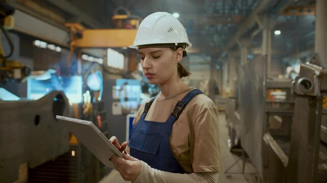 Female technician in hard hat and overalls, standing in industrial factory and using digital tablet for operating machine