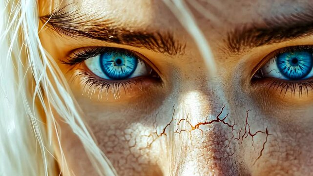 A striking close-up portrait captures a young Caucasian woman with vibrant blue eyes. The sunlight highlights her cracked skin, evoking themes of resilience and beauty in harsh conditions.
