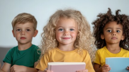A group of children, each holding a book, sit together in a cheerful classroom, showcasing diversity and a love for reading in a colorful learning environment.