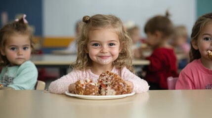 A group of young girls at a daycare, indulging in delicious desserts, with one girl prominently smiling towards the camera, expressing joy and contentment.