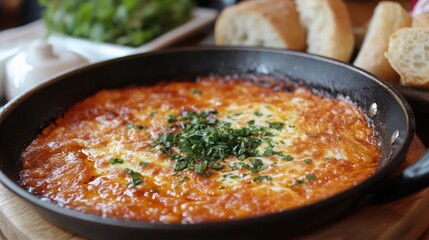 A traditional menemen dish served in a sizzling pan, with fresh bread and herbs in the background 
