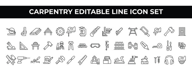 Carpentry Icon Set featuring editable line icons of tools, woodwork, and construction items. Ideal for carpentry services, branding, brochures, websites, and promotional materials.