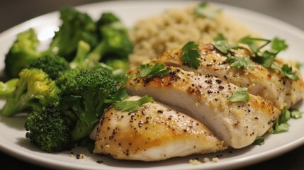 A whole chicken roasted with no oil, served with steamed broccoli, quinoa, and fresh herbs for a healthy meal 