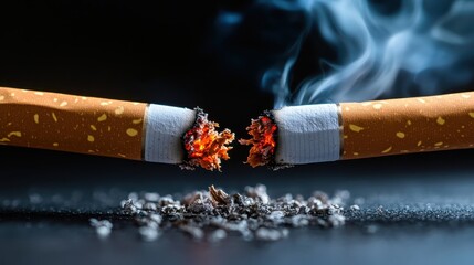 Two halves of a burning cigarette with glowing embers and ashes spread on a dark, reflective surface, symbolizing destruction and the end of a habit.