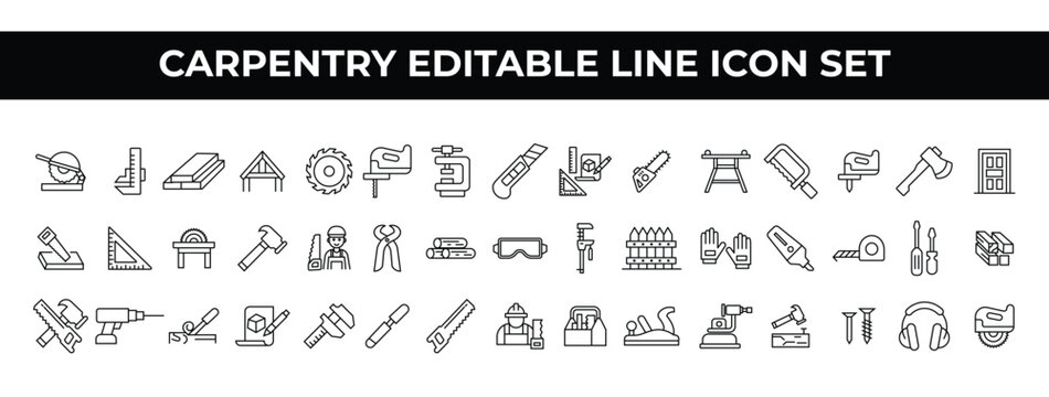 Carpentry Icon Set featuring editable line icons of tools, woodwork, and construction items. Ideal for carpentry services, branding, brochures, websites, and promotional materials.