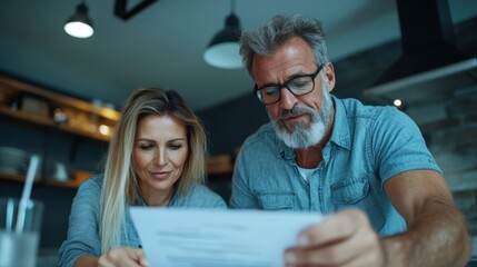 Obraz premium An engaged couple with intent expressions reviews a document in a stylish kitchen, surrounded by modern decor and enhanced by cozy lighting.
