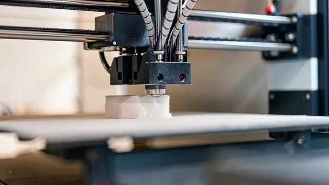 A closeup of a 3D printer integrated into a modular unit exemplifying tingedge technology being employed within a flexible manufacturing system for rapid prototyping.