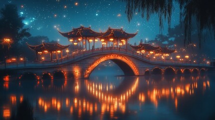 Mystical Asian bridge at night over a calm lake, illuminated by lanterns, under a starry sky.