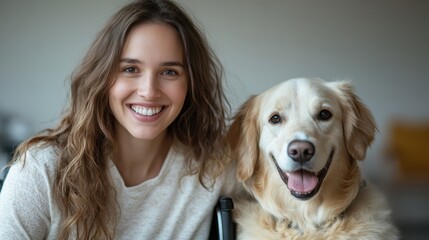 Joyful young woman poses alongside her cheerful Golden Retriever, both beaming at the camera, exuding warmth and companionship in a cozy setting.