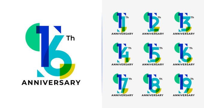 Set of anniversary logo design. Birthday number with abstract, geometric, and colorful concept