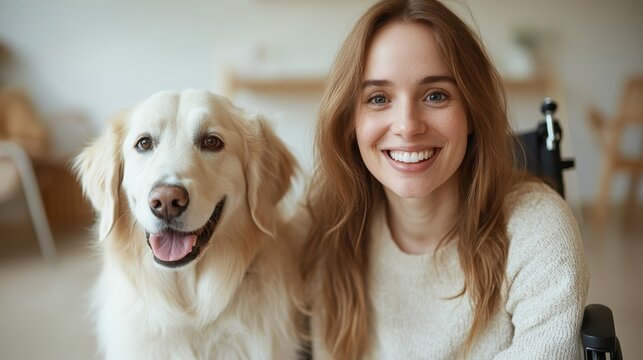 A content woman and her loyal dog share a moment of mutual affection and warmth in a comfortable and inviting home environment filled with positivity and joy.